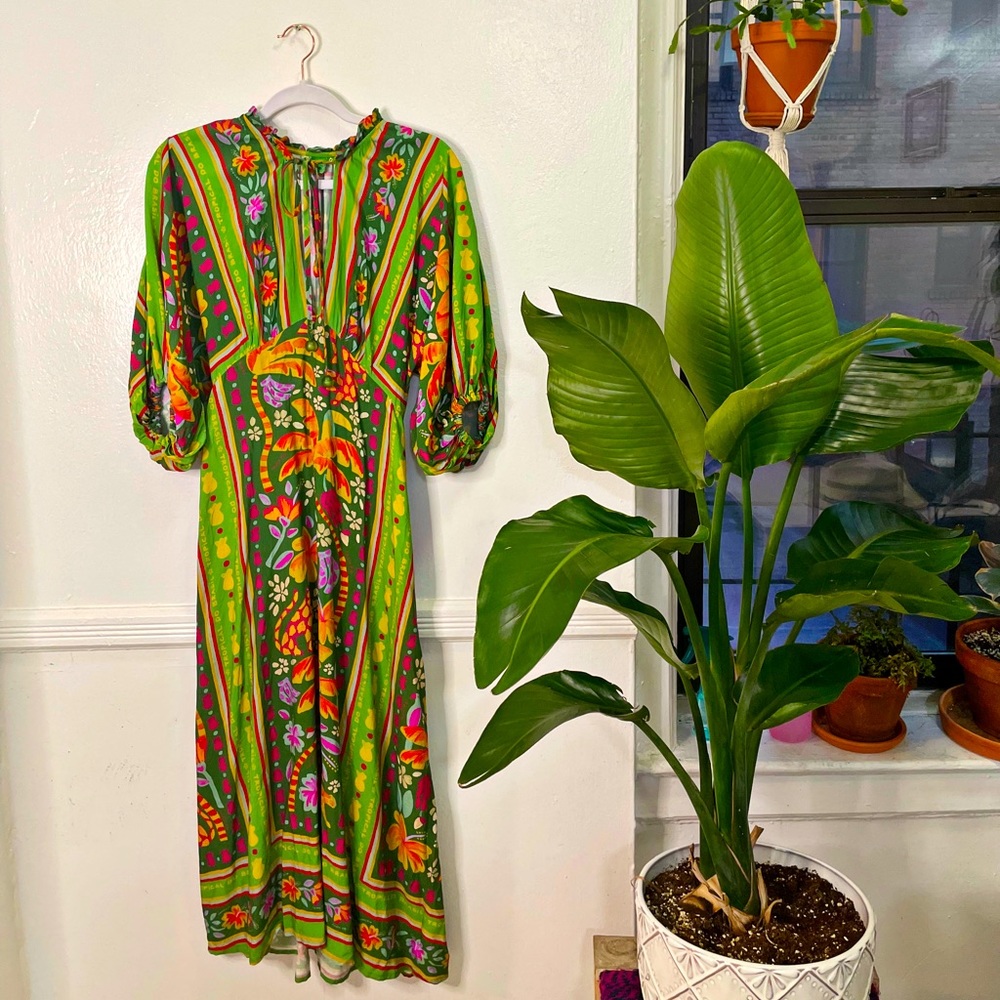 (FARM RIO) Green Tropical Midi Dress